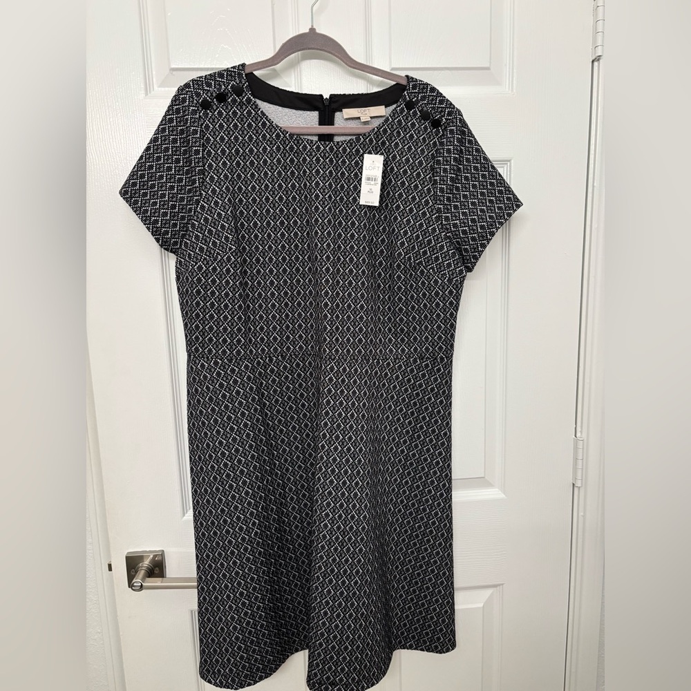 LOFT Black and White Geometric Midi Dress 16 Plus
